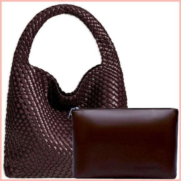 Vegan Leather Woven Tote Hobo Bag with Multiple Compartments for Travel